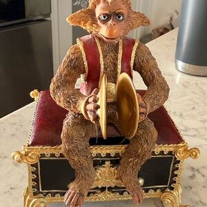 Vintage Monkey Cymbal Music Box with Red and Gold Accents